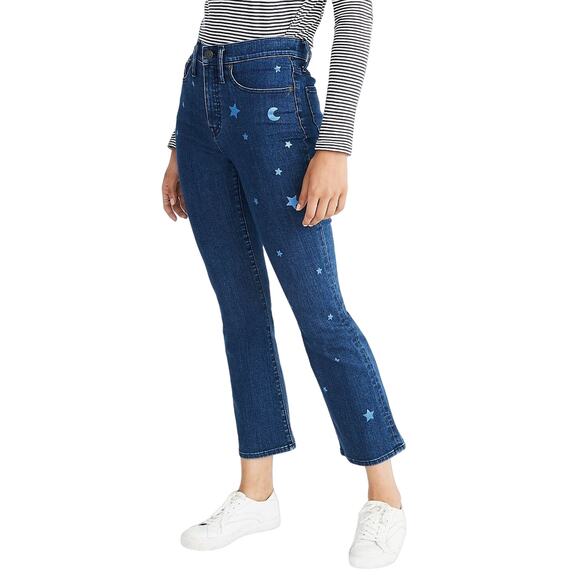 Madewell Cali Demi-Boot Jeans Star Mini Flare High Rise Cropped Jeans Blue 28 - Picture 1 of 16